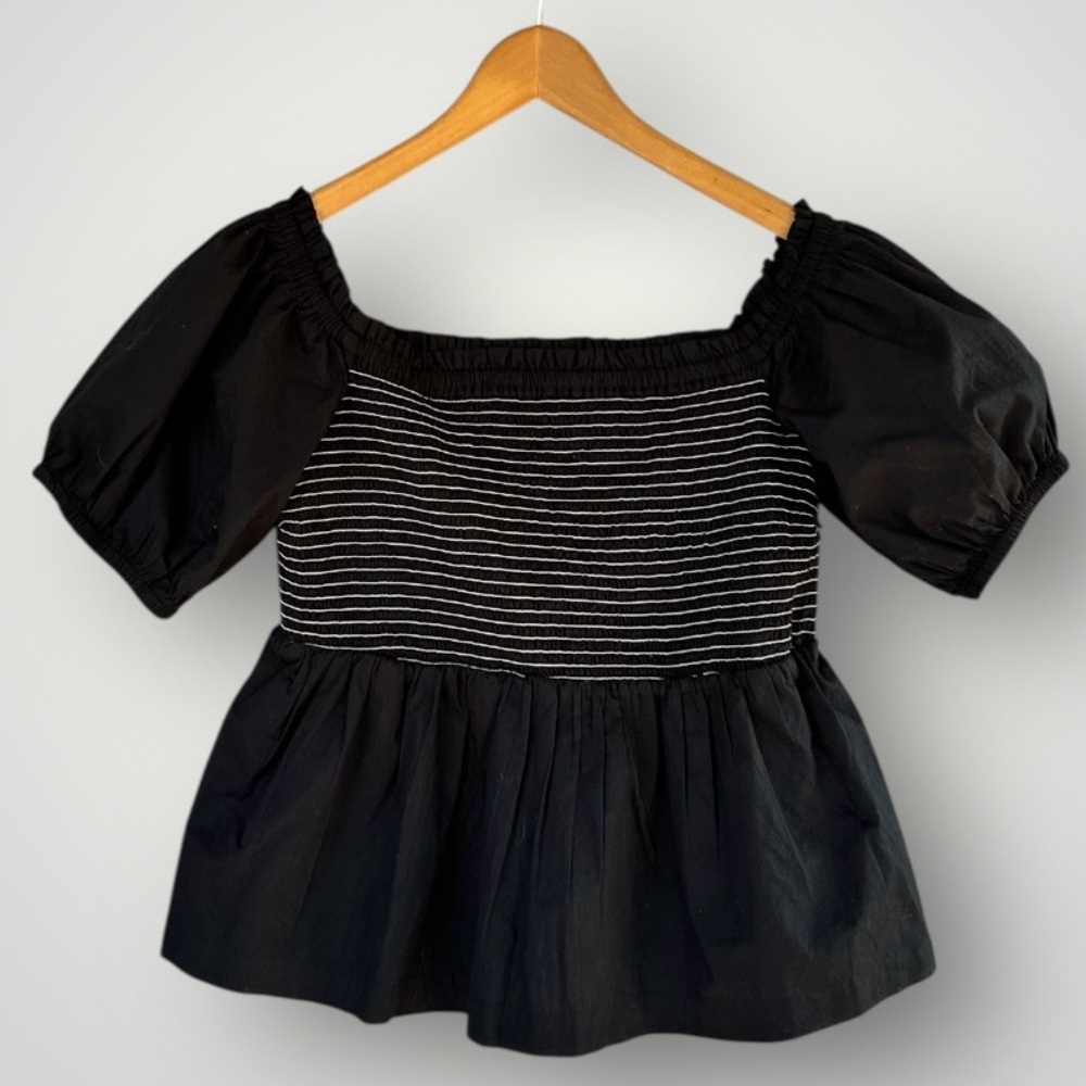 Black Smocked Peplum Puff-Sleeve Top